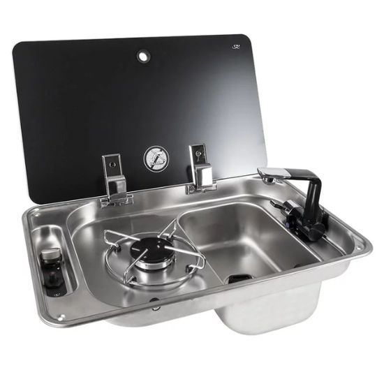 Petite table de cuisson gaz encastrable avec évier à droite