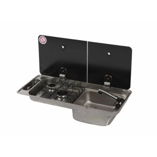 Table de cuisson gaz encastrable avec 2 feux et évier à droite, double couvercle en verre