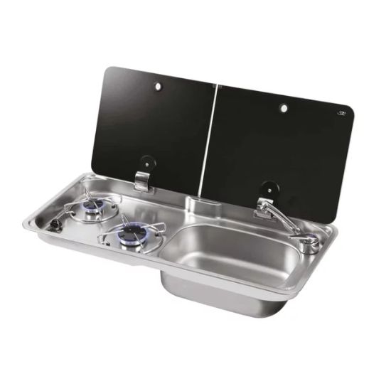 Cuisinière à gaz encastrable avec 2 feux et évier à droite, double couvercle en verre