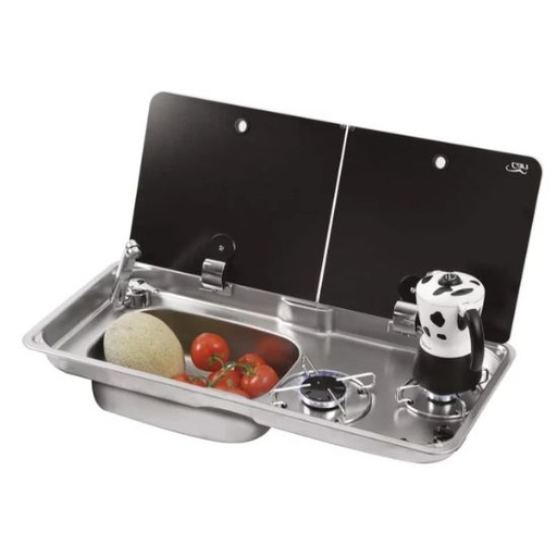 [77694] Plaque de Cuisson Gaz 2 Feux et Évier à Gauche avec Double Couvercle